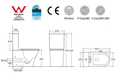 Унитаз-компакт безободковый HOLLER SIT  (620*370*820мм, сиденье дюропласт с микролифтом, арматура 2-х режимная)  (2 места) белый