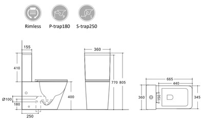 Унитаз-моноблок безободковый HOLLER FORT (665*345*805мм, сиденье дюропласт с микролифтом, арматура 2-х режимная)  (1 место) белый