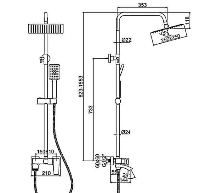 2478U Душевая система LEDEME со смесителем и тропическим душем (графит)