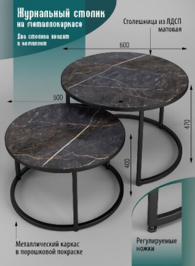 Журнальные столики SANTREK HOME «Дуэт» (комплект 2 шт.) Черный/черный ЛДСП 600*600*470 и 500*500*400, рама металл             