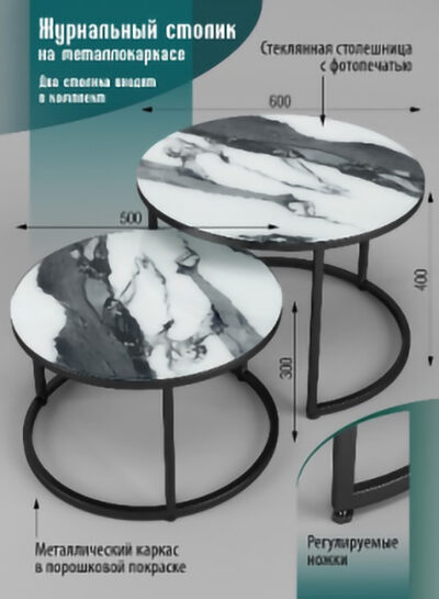 Журнальные столики SANTREK HOME «Дуэт» СТЕКЛО (комплект 2 шт.) Белый Черный/Черный, стекло 600*600*400 и 500*500*300, рама металл             