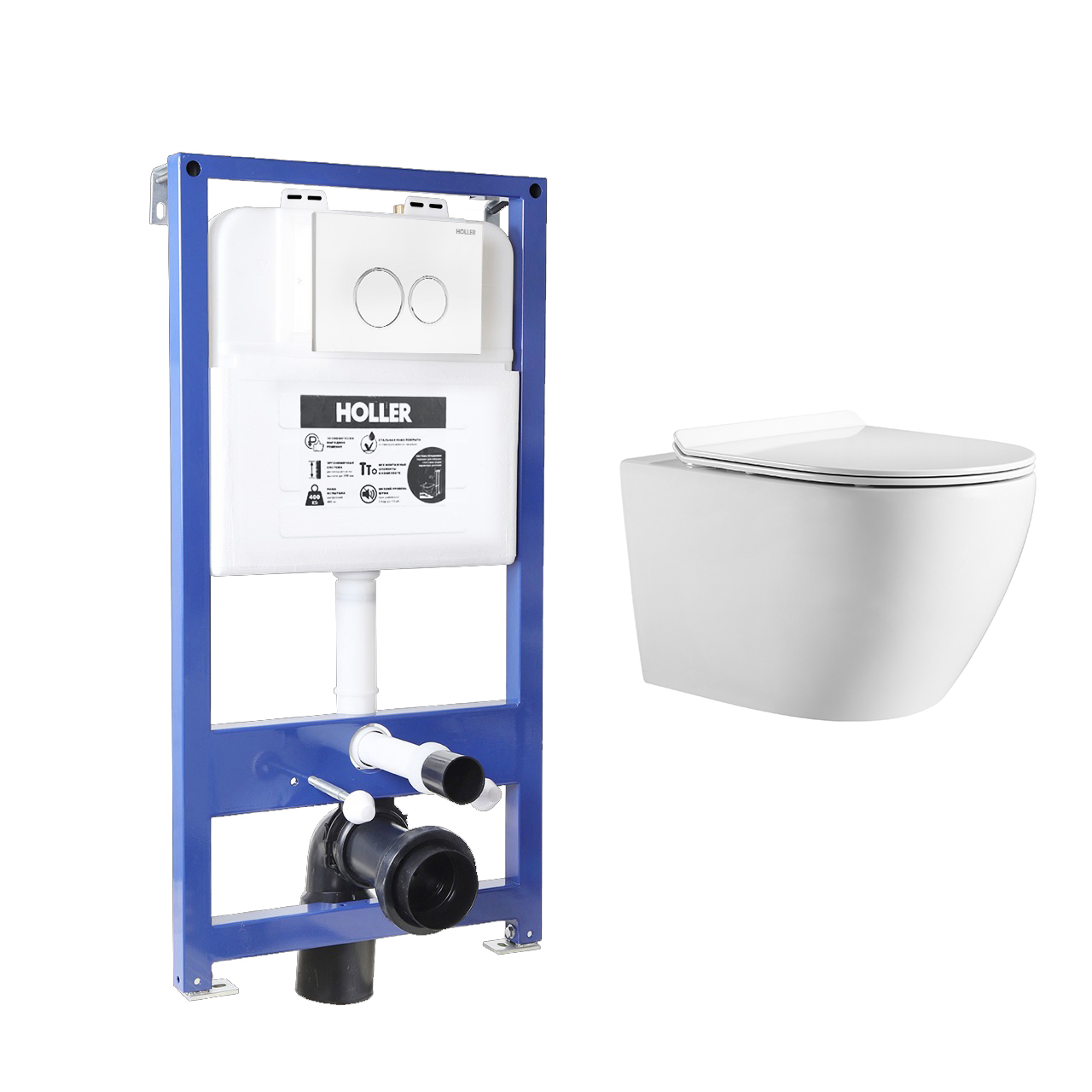 Инсталляция HOLLER MQ100 (комплект 3 в 1) + Унитаз подвесной безободковый HOLLER WALL,белый  + Клавиша смыва HOLLER MWRC, белый   АКЦИЯ !!!
