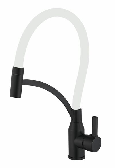 FS8244H-02 Смеситель Кухня FMARK с гибким изливом (цвет излива белый) шар. d=35, на гайке, Чёрный, матовый