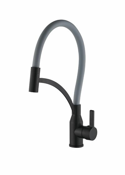 FS8244H-04  Смеситель Кухня FMARK с гибким изливом (цвет излива серый) шар. d=35, на гайке, Чёрный, матовый