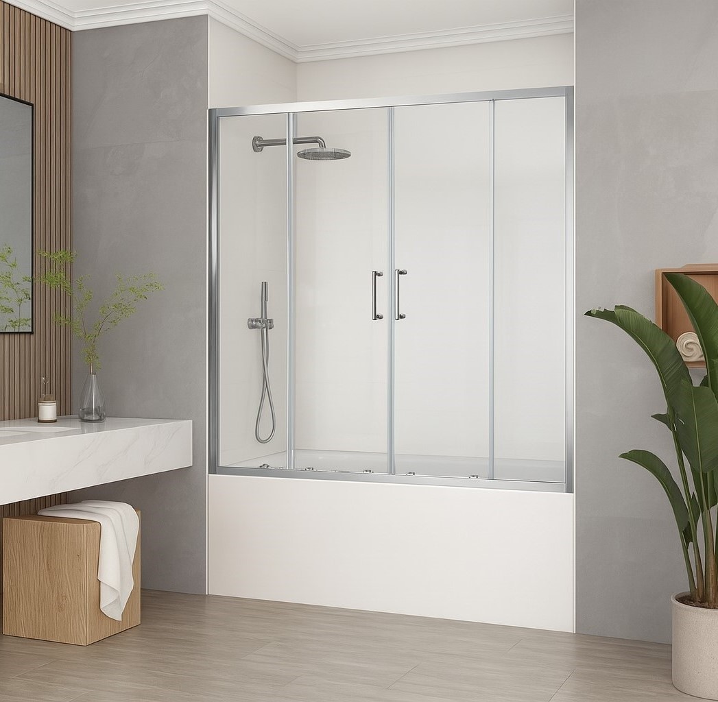 Шторка для ванны SANTREK AQUA Slim DF-1700-C-Chrome (раздвижная, р-р:1700*1400 стекло Прозр 5 мм, профиль  Хром) 2 МЕСТА