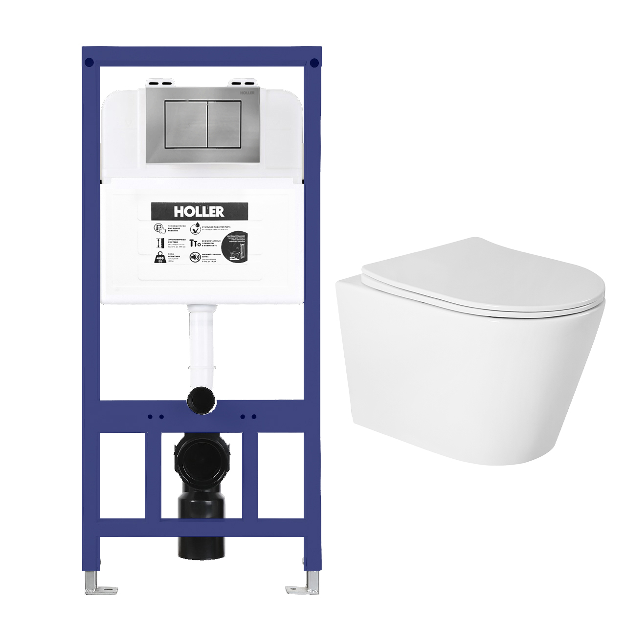 Инсталляция HOLLER MQ102 (комплект 3 в 1) + Унитаз подвесной безободковый HOLLER SHELL TORNADO (3.0), белый + Клавиша смыва HOLLER GPE, хром