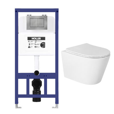 Инсталляция HOLLER MQ102 (комплект 3 в 1) + Унитаз подвесной безободковый HOLLER SHELL TORNADO (3.0), белый + Клавиша смыва HOLLER GPE, хром
