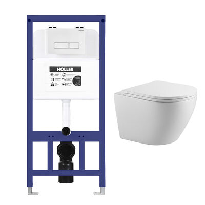 Инсталляция HOLLER MQ102 (комплект 3 в 1) + Унитаз подвесной безободковый HOLLER POINT T, белый + Клавиша смыва HOLLER GWH, белый