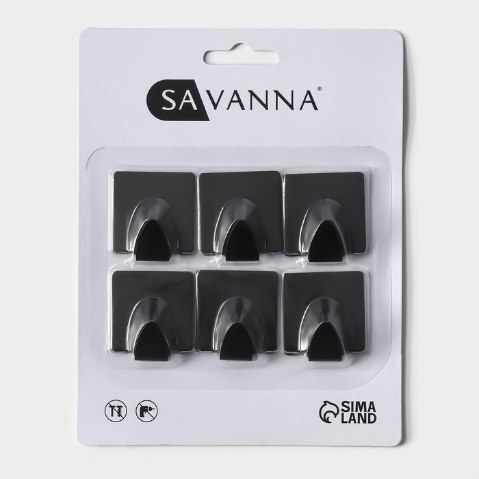 Крючки самоклеящиеся SAVANNA Black Loft, 6 шт., металл, 3.5*3.8*1.8 см, чёрные 9936815