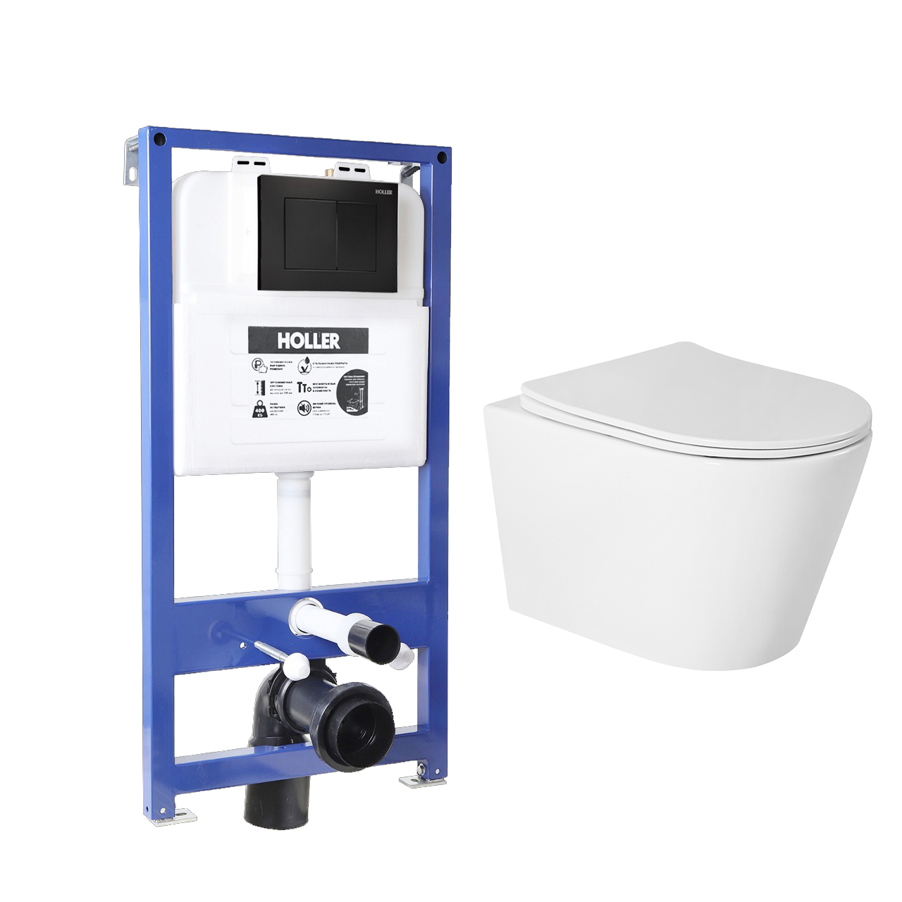 Инсталляция HOLLER MQ100 (комплект 3 в 1) + Унитаз подвесной безободковый HOLLER SHELL TORNADO (3.0),белый  + Клавиша смыва HOLLER MBE, черный матовый