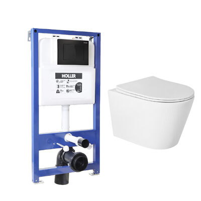 Инсталляция HOLLER MQ100 (комплект 3 в 1) + Унитаз подвесной безободковый HOLLER SHELL TORNADO (3.0),белый  + Клавиша смыва HOLLER MBE, черный матовый