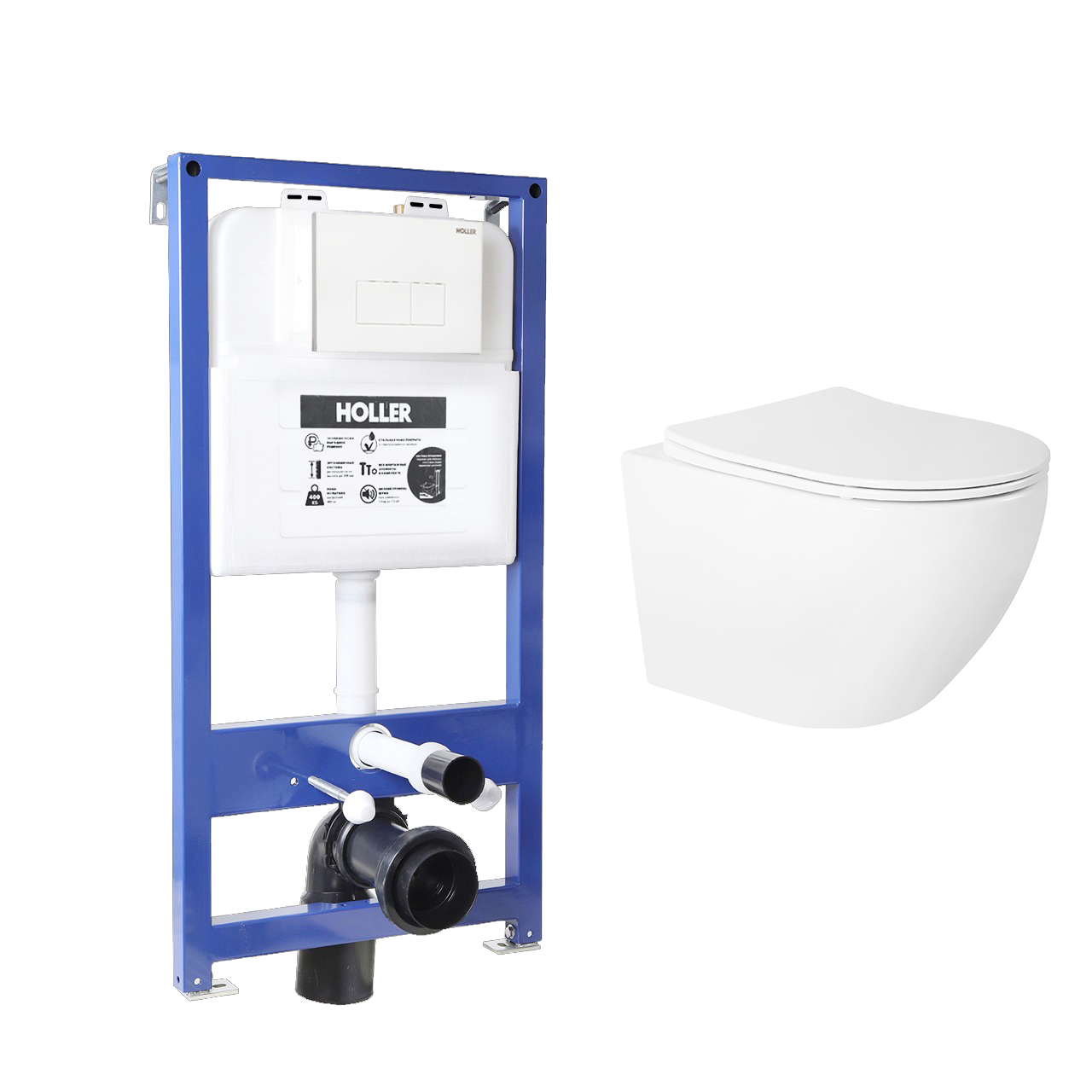 Инсталляция HOLLER MQ100 (комплект 3 в 1) + Унитаз подвесной безободковый HOLLER POINT TORNADO (3.0),белый  + Клавиша смыва HOLLER MWV, белый