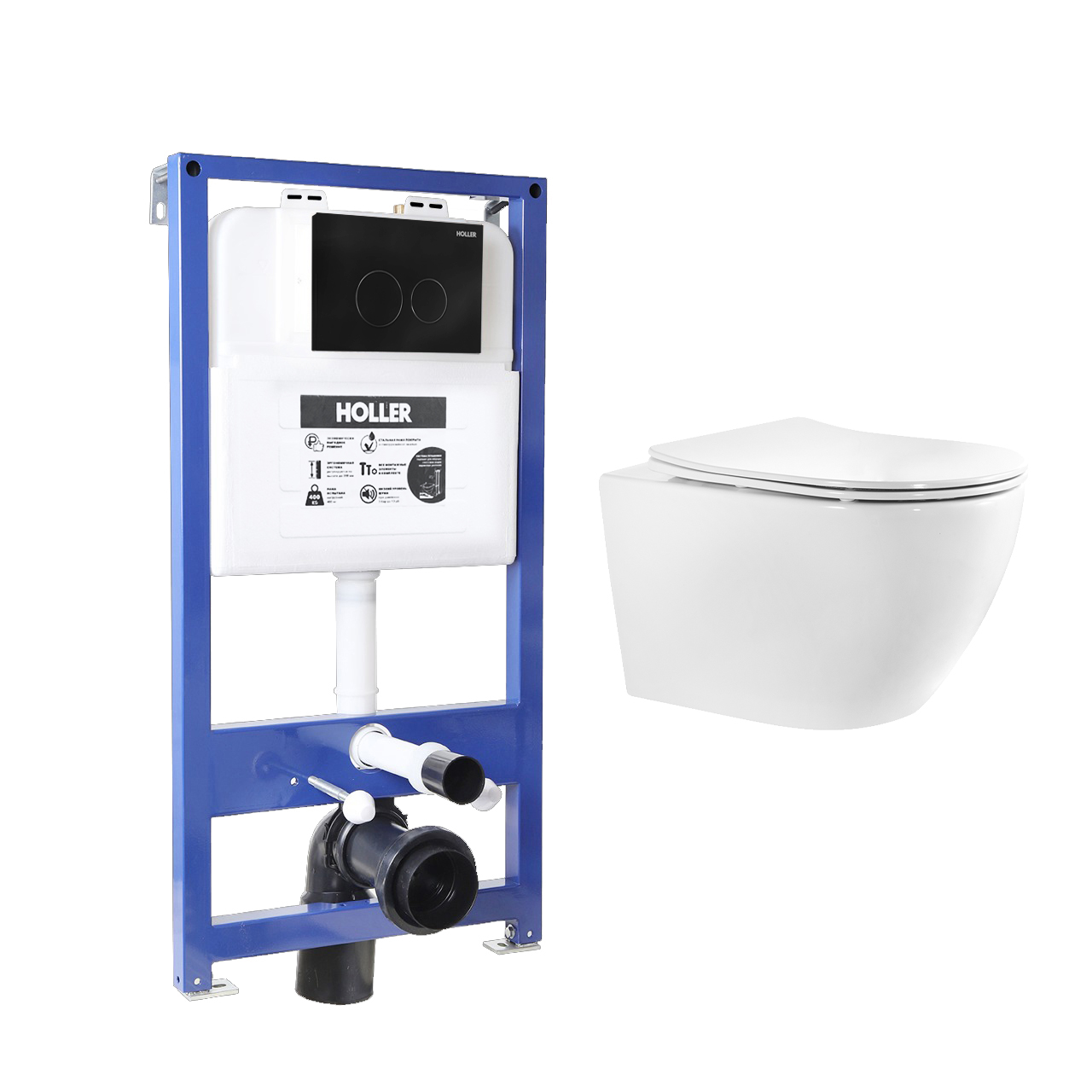 Инсталляция HOLLER MQ100 (комплект 3 в 1) + Унитаз подвесной безободковый HOLLER WALL TORNADO (3.0) , белый + Клавиша смыва HOLLER MBR, черный матовый