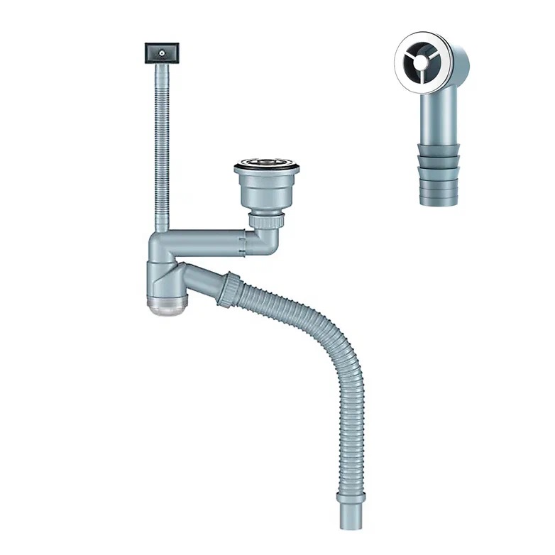 Д-11008У Сифон для кухни с выпуском 3 1/2, смещенный (телескопический), с универсальным переливом, корзиной для мусора и гибкой трубой