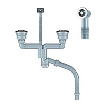 Д-11008У-2 Сифон двойной для кухни с выпуском 3 1/2, смещенный (телескопический), с универсальным переливом, корзиной для мусора и гибкой трубой