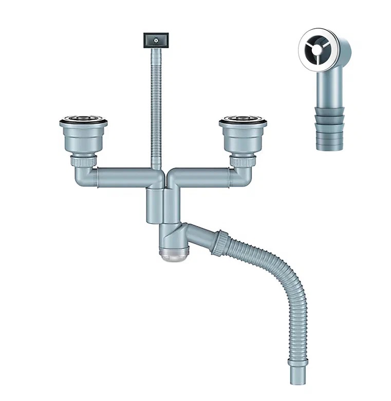 Д-11008У-2 Сифон двойной для кухни с выпуском 3 1/2, смещенный (телескопический), с универсальным переливом, корзиной для мусора и гибкой трубой
