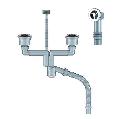 Д-11008У-2 Сифон двойной для кухни с выпуском 3 1/2, смещенный (телескопический), с универсальным переливом, корзиной для мусора и гибкой трубой