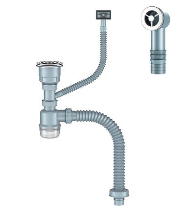 Д-11052У Сифон для кухни с выпуском 3 1/2, с универсальным переливом, корзиной для мусора и гибкой трубой