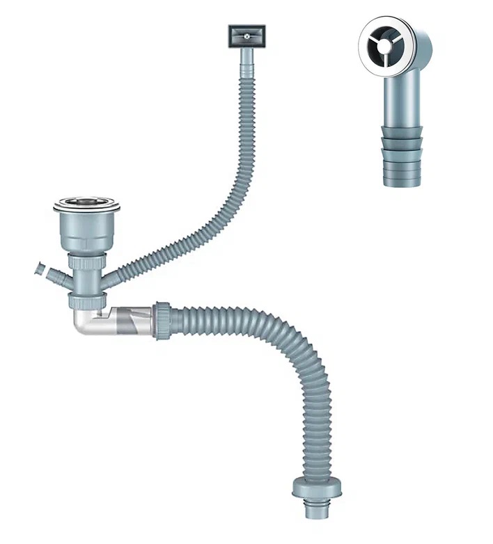 Д-11053У Сифон для кухни с выпуском 3 1/2, сухой затвор, с универсальным переливом, отводом, корзиной для мусора и гибкой трубой