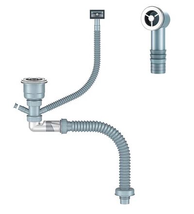 Д-11053У Сифон для кухни с выпуском 3 1/2, сухой затвор, с универсальным переливом, отводом, корзиной для мусора и гибкой трубой