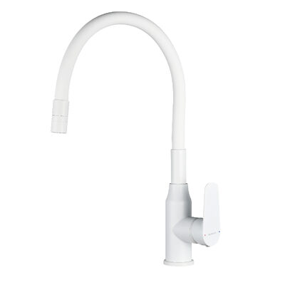 DR29024W Смеситель одноручный для кухни с гибким изливом, белый матовый, DECOROOM 