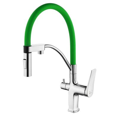 LM3074C-Green Comfort Смеситель для кухни, с гибким изливом, с подключением к фильтру питьевой воды, хром/зеленый LEMARK