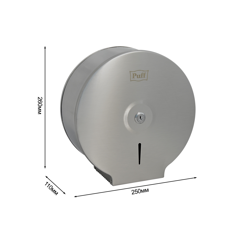 Диспенсер для туалетной бумаги Puff-7615 с ключом АНТИВАНДАЛЬНЫЙ, ХРОМ, втулка не менее 36мм, диаметр рулона 24см