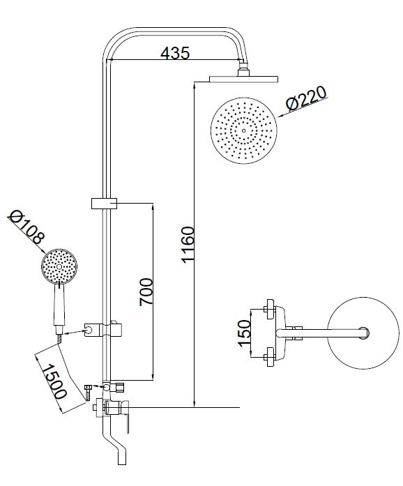 Душевая система SANTREK AQUA-1210 "PRESTIGE" (SAP-1210)  шар. d-35 с верхним душем и смесителем (черный)