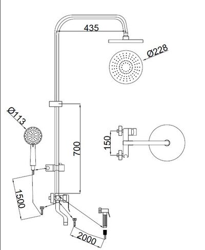 Душевая система SANTREK AQUA-1215 "PRESTIGE" (SAP-1215)  шар. d-35 с верхним душем, смесителем, гигиен лейкой и полочкой (черный)