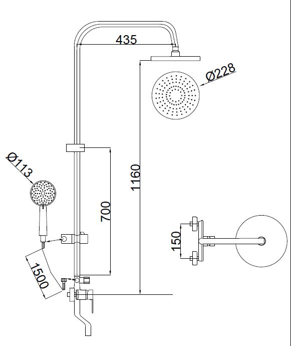 Душевая система SANTREK AQUA-1225 "PRESTIGE" (SAP-1225)  шар. d-35 с верхним душем и смесителем (хром)