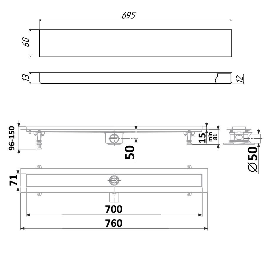 DP20-700-PG20-700  Водоотводящий желоб TIMO из нержавеющей стали + нерж решетка (основа под плитку)