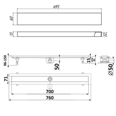 DP20-700-PG20-700  Водоотводящий желоб TIMO из нержавеющей стали + нерж решетка (основа под плитку)