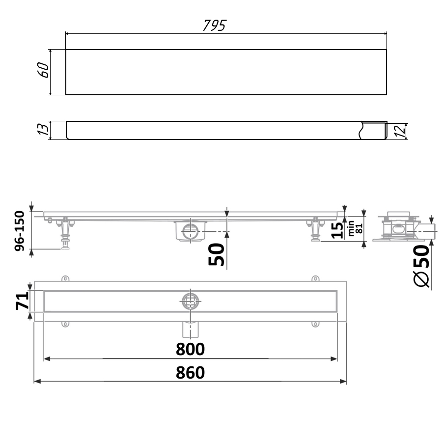 DP20-800-PG20-800  Водоотводящий желоб TIMO из нержавеющей стали + нерж решетка (основа под плитку)