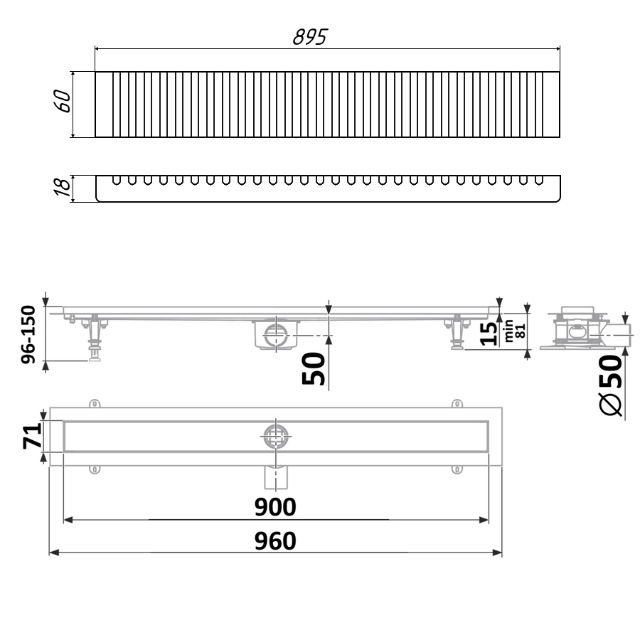 DP20-600-LG20-600  Водоотводящий желоб TIMO из нержавеющей стали + нерж решетка (LINE GRID)