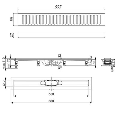 SP10-600-PC10-600  Водоотводящий желоб из пластика TIMO, с порогами из нерж.стали + нерж решетка (GRIL GAP)