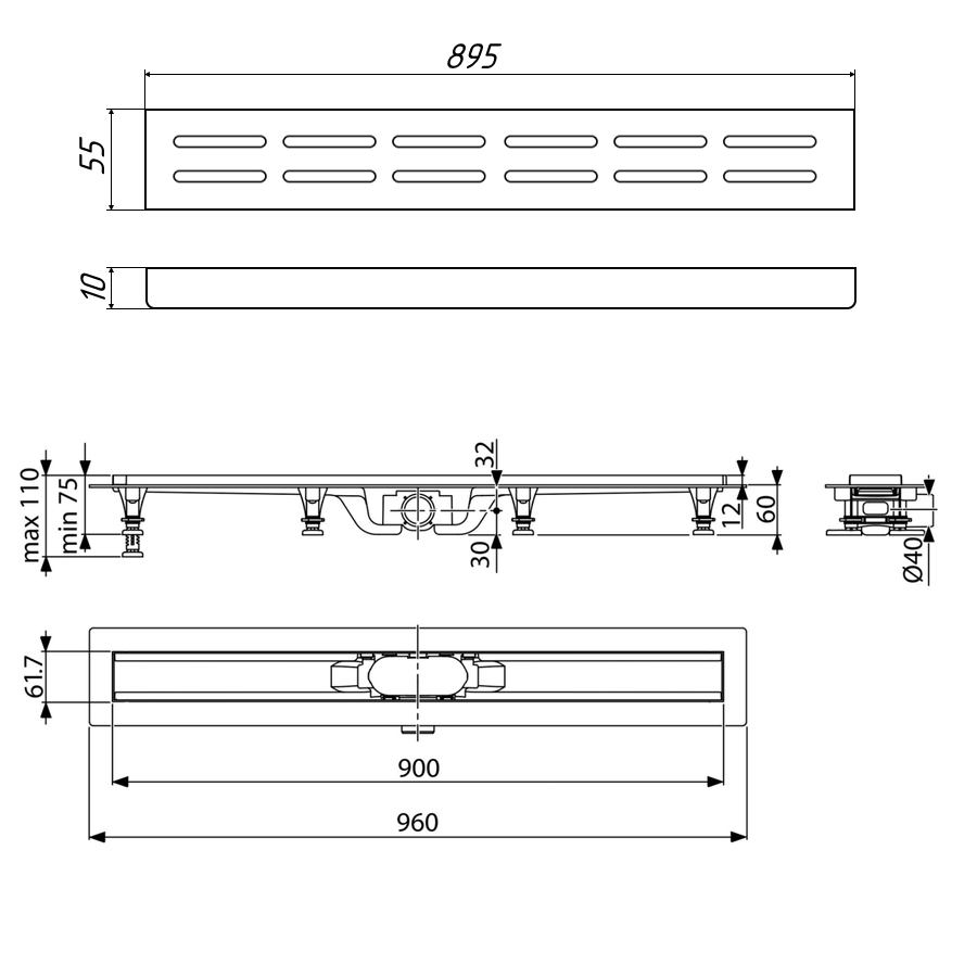 SP10-900-DG10-900  Водоотводящий желоб из пластика TIMO, с порогами из нерж.стали + нерж решетка (DOUBLE GAP)