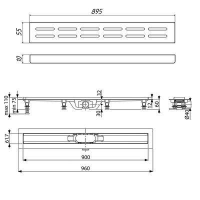 SP10-900-DG10-900  Водоотводящий желоб из пластика TIMO, с порогами из нерж.стали + нерж решетка (DOUBLE GAP)