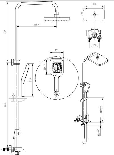 Душевая система SANTREK AQUA-1255 PRESTIGE (SAP-1255)  шар. d-28 с верхним душем, смесителем, гигиен лейкой (оруж сталь)
