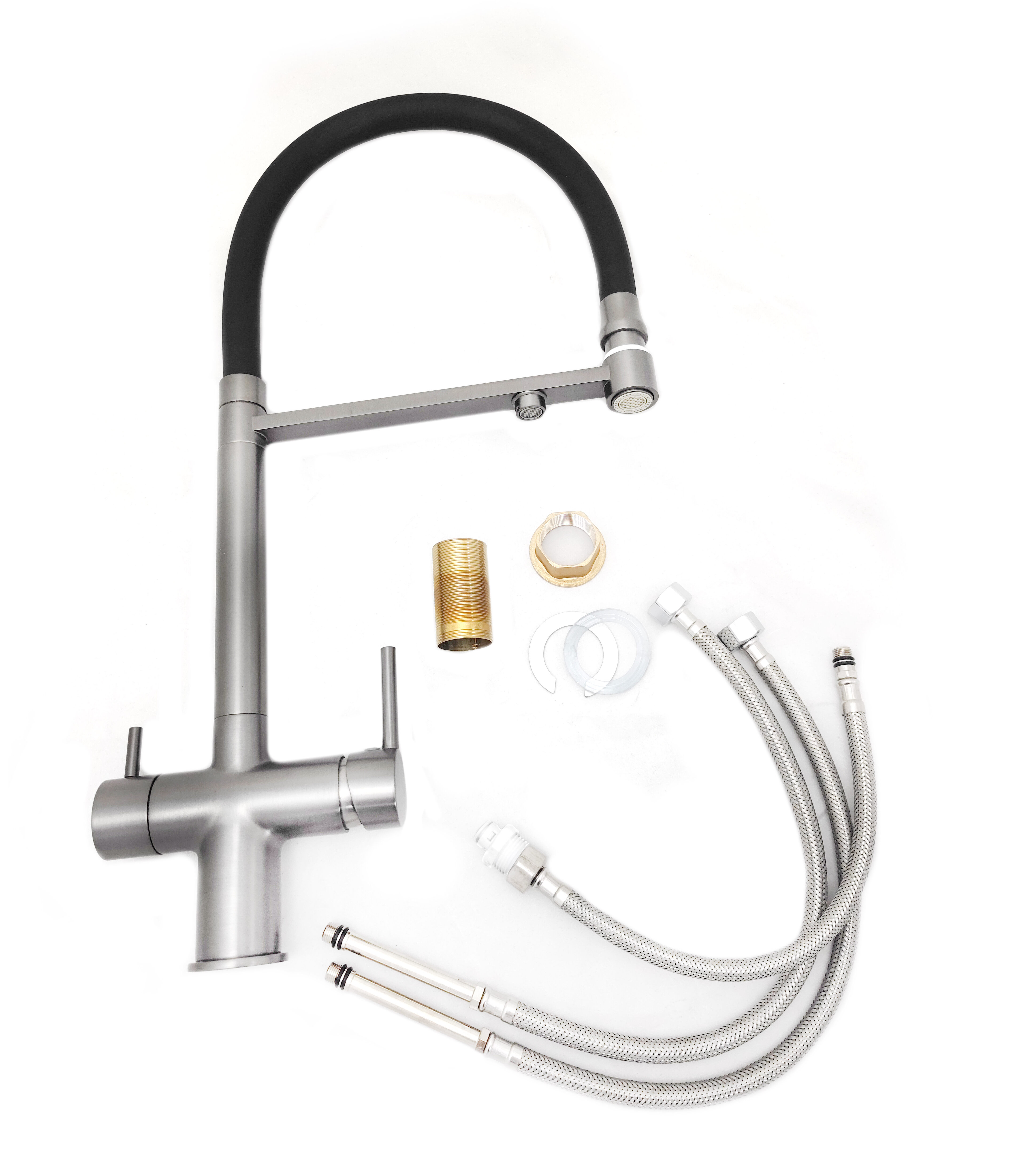 Смеситель Кухня SANTREK AQUA-1032 "PRESTIGE" (SAP-1032) шар. d-35 с гибким силиконовым изливом, с подключением фильтра питьевой воды (оруж сталь)