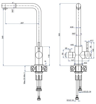 Смеситель Кухня QUARZ GRANFEST  Z-5421 d=35 Г-обр. с краном питьевой воды (черный)