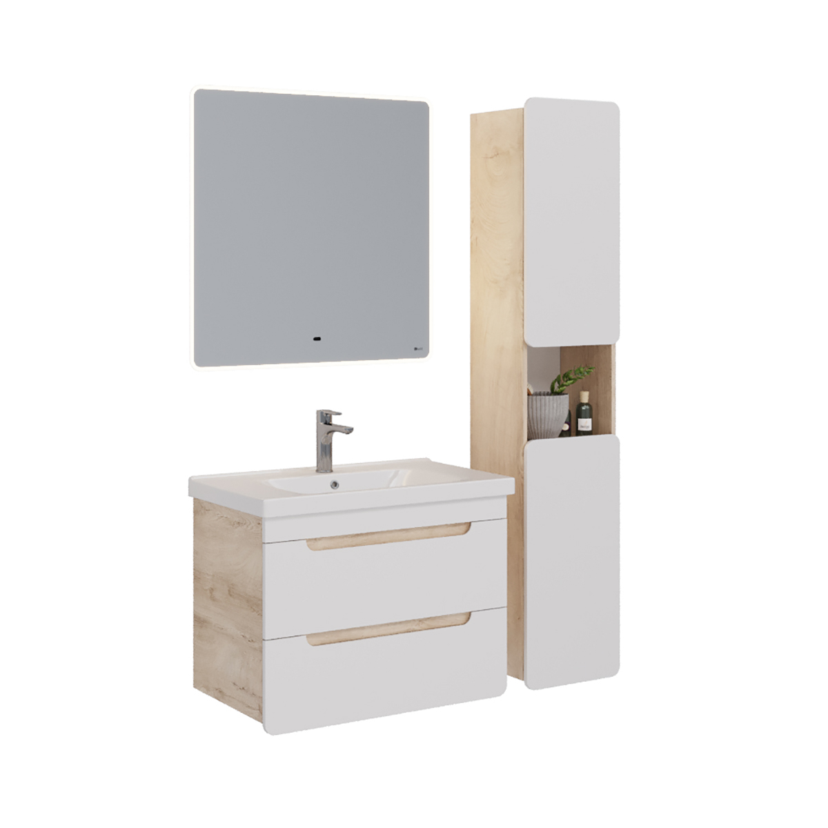 Тумба Lemark OLIVIA 80 см подвесная (под ум. Гармония 80 или столешницу Olivia 80) 2 ящика, корпус: Дуб кантри, фасада: Белый глянец LM08OL80T