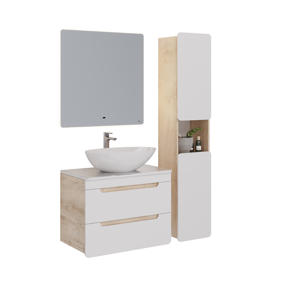Тумба Lemark OLIVIA 80 см подвесная (под ум. Гармония 80 или столешницу Olivia 80) 2 ящика, корпус: Дуб кантри, фасада: Белый глянец LM08OL80T