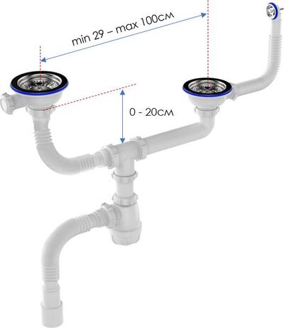 D0129-12-MR Сифон для двойных разноуровн.моек Aquant 3 1/2х40 со смещен., метал. реш. с прямоуг. и кругл. перелив., с гибкой трубой 40х40/50