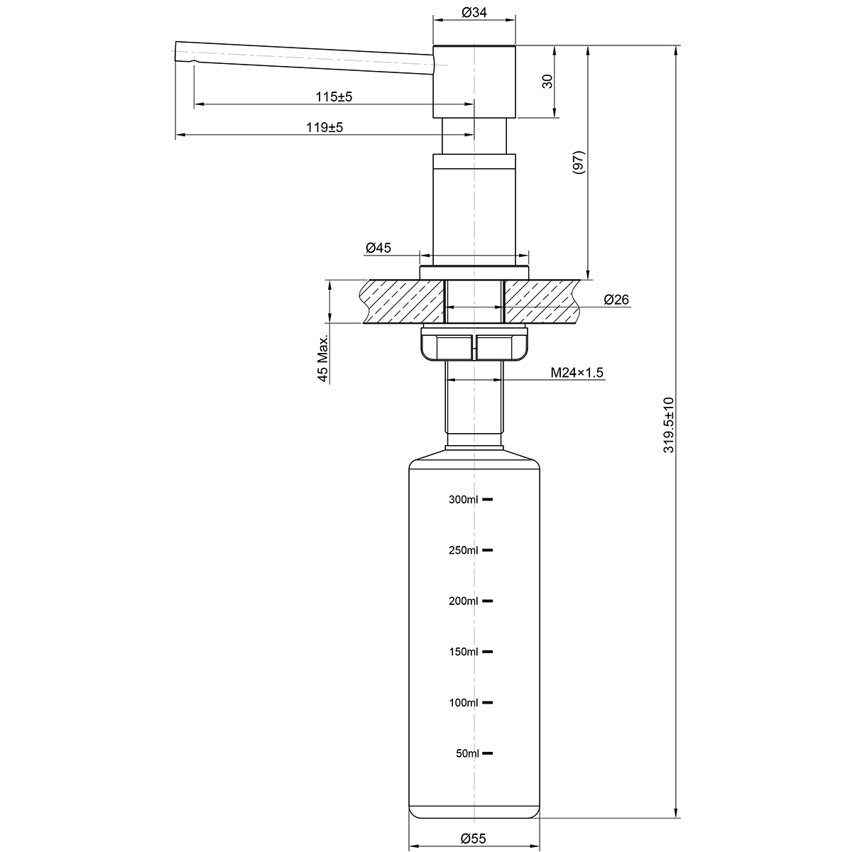 LM8203BL EXPERT Дозатор для жидких моющих средств врезной, увеличенная высота 97мм, нерж.сталь/пластик, ЧЁРНЫЙ МАТОВЫЙ LEMARK