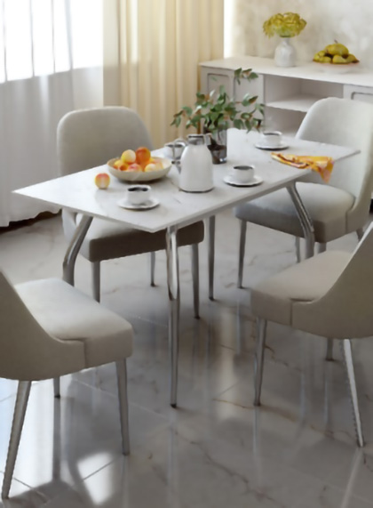Кухонный стол SANTREK HOME «Лилия» Белый мрамор ЛДСП 1100*700*750, ножки металл хром (в разложенном виде 1400*700*750)   