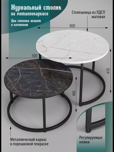 Журнальные столики SANTREK HOME «Дуэт» ЛДСП (комплект 2 шт.) Белый-Черный Мрамор/Белый 600*600*470 и 500*500*40
