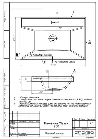 Умывальник "Classic 70" (литьевой мрамор, 700х450х145) встраиваемый