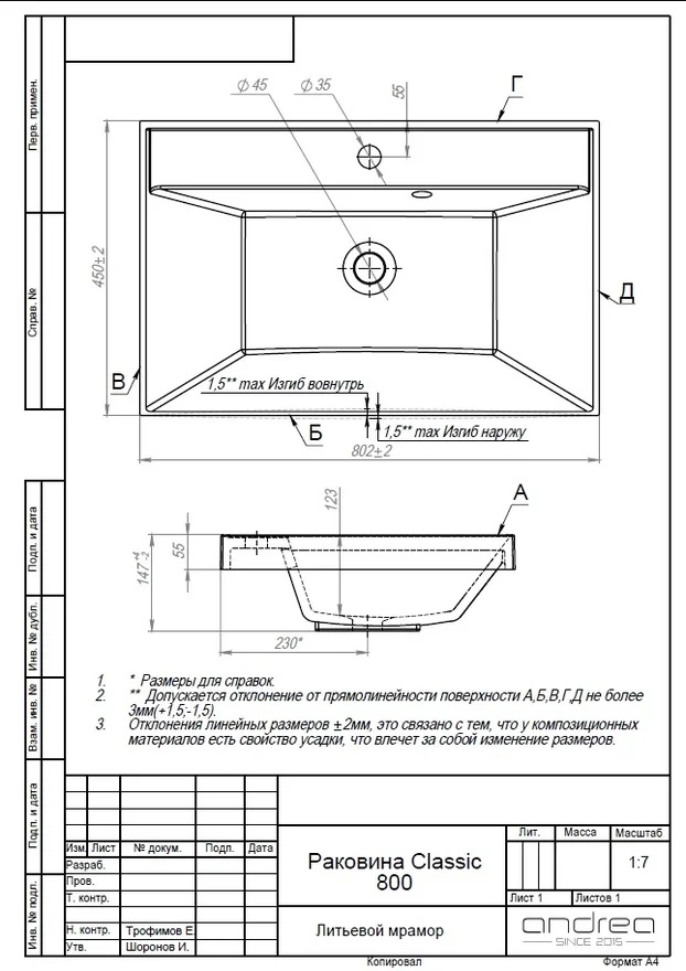 Умывальник "Classic 80" (литьевой мрамор, 800х450х145) встраиваемый