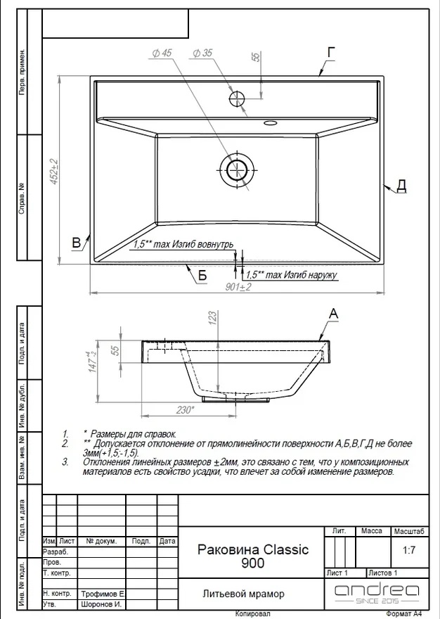 Умывальник "Classic 90" (литьевой мрамор, 900х450х145) встраиваемый