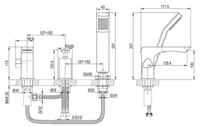 LM5845CW Contest Смеситель для ванны встраиваемый, на 3 отверстия, с аксессуарами, хром/белый LEMARK